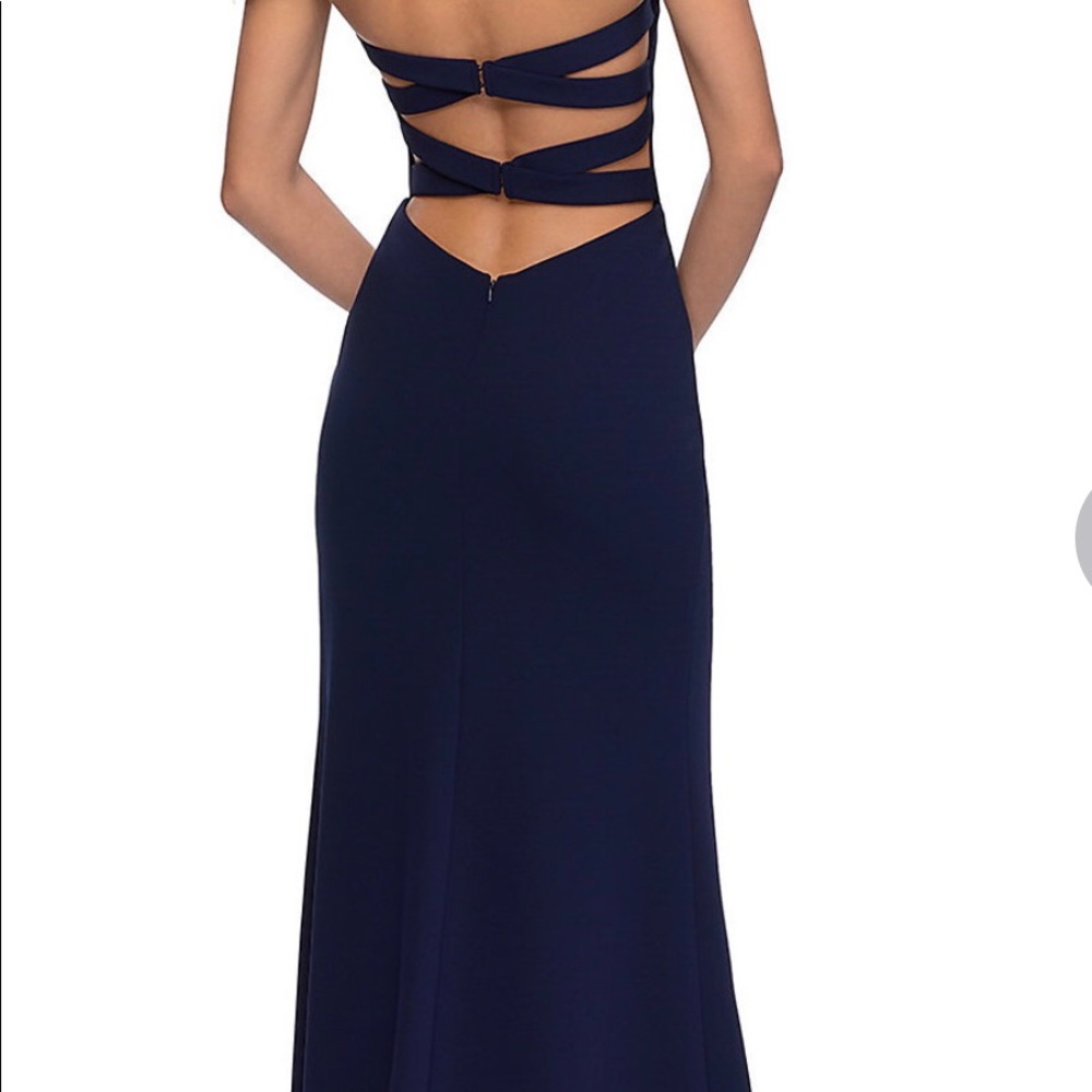 La Femme floor length open back navy dress